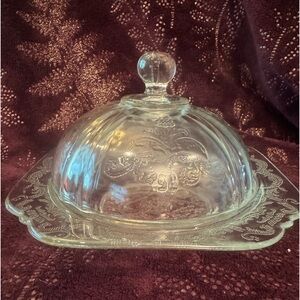 Vintage Federal Glass Madrid Etched Crystal Covered Butter Dish Clear
